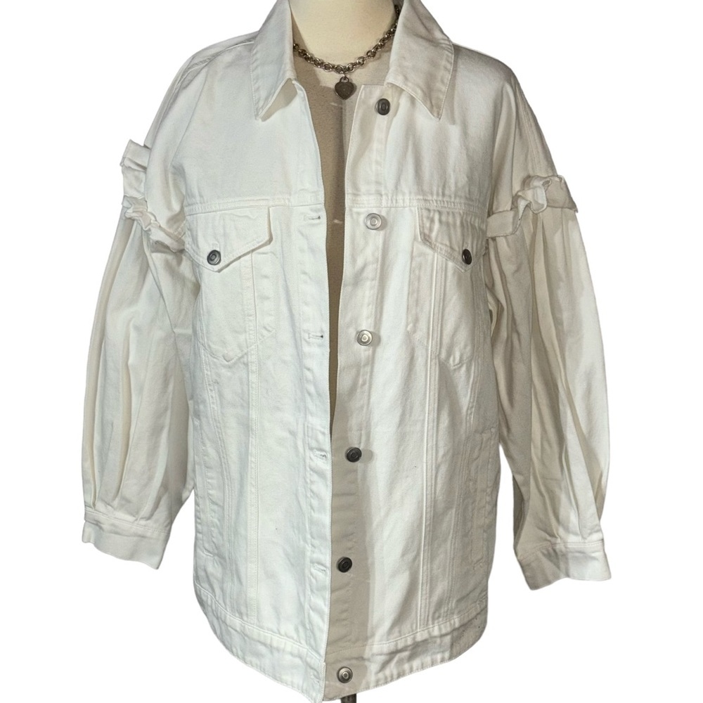 Anthropologie Avec Les Filles White Ruffled Puff Sleeve Oversized Denim Jacket - Picture 3 of 9